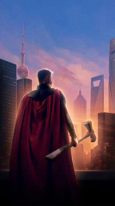 Superhero, Marvel-inspired, Thor, Stormbreaker, Avenger, fantasy art, city skyline, urban landscape, digital painting, heroic, dramatic lighting, iconic character, mystical weapon, powerful pose, fictional hero, comic book art, tall buildings, sunrise, sunset, god of thunder