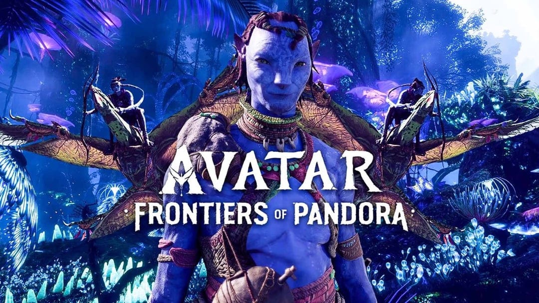 Na'vi character in a glowing blue bioluminescent Pandora forest with riders on flying banshees in the background.