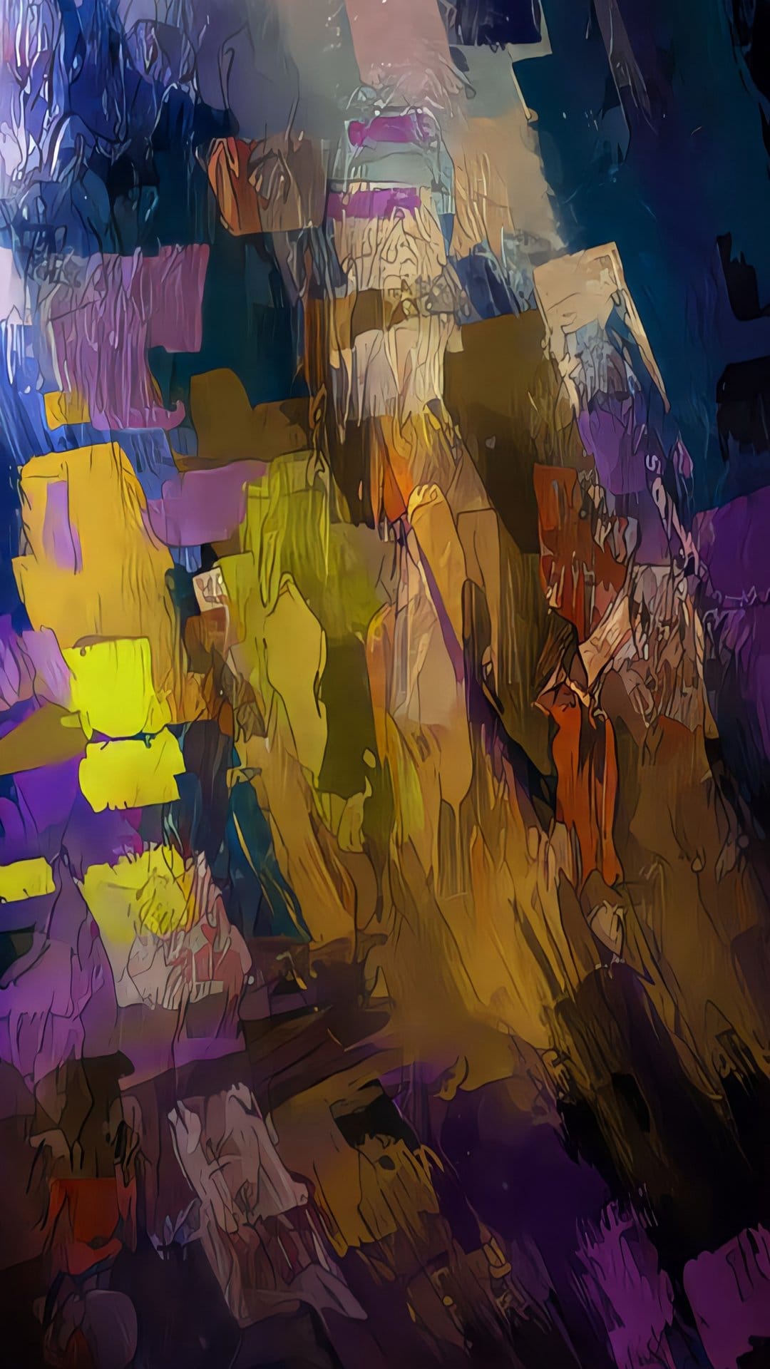 Abstract city skyline composed of interlocking colorful triangles and squares with thick paint textures.