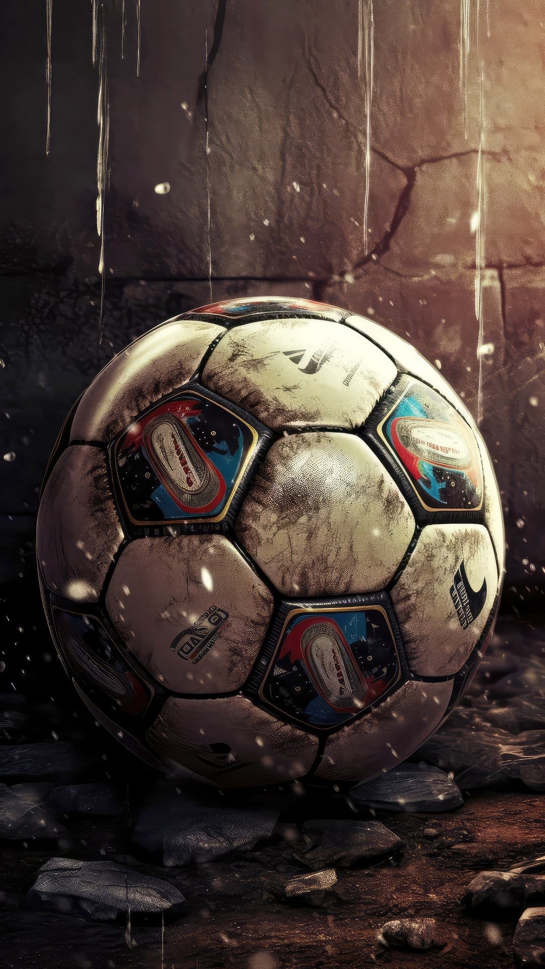 Weathered soccer ball rests on rocky ground against a stone wall during a rainstorm with dramatic side lighting.