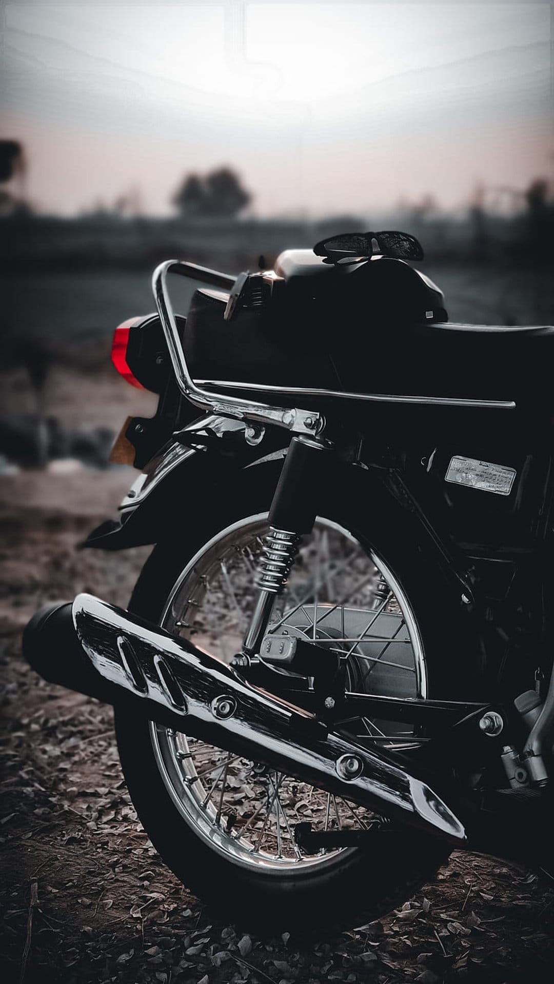 Polished chrome motorcycle exhaust and spoke wheel stand out against a blurred natural landscape at twilight.