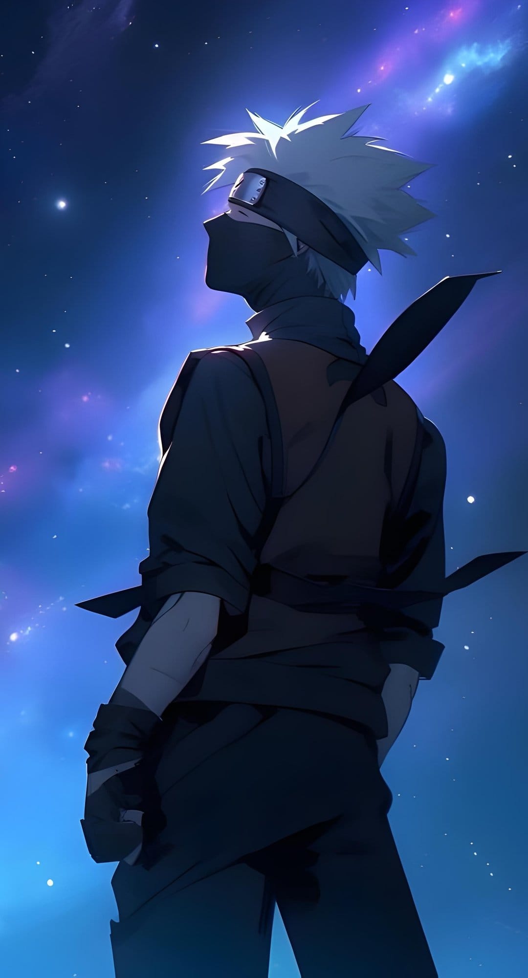 Kakashi Hatake with silver hair and a face mask gazes upward at a swirling blue and pink starry nebula.