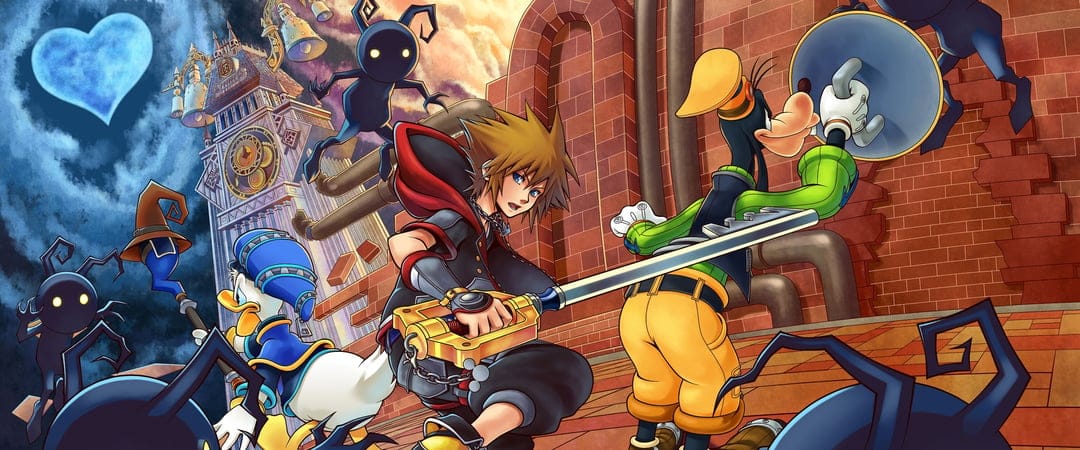 Sora, Donald Duck, and Goofy battling shadow heartless near a clock tower under a blue heart moon.