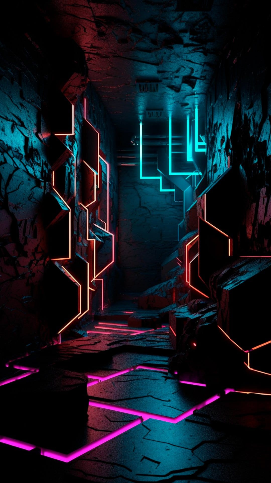Glowing pink and blue neon geometric lights illuminate a dark, futuristic alleyway with fractured textures.