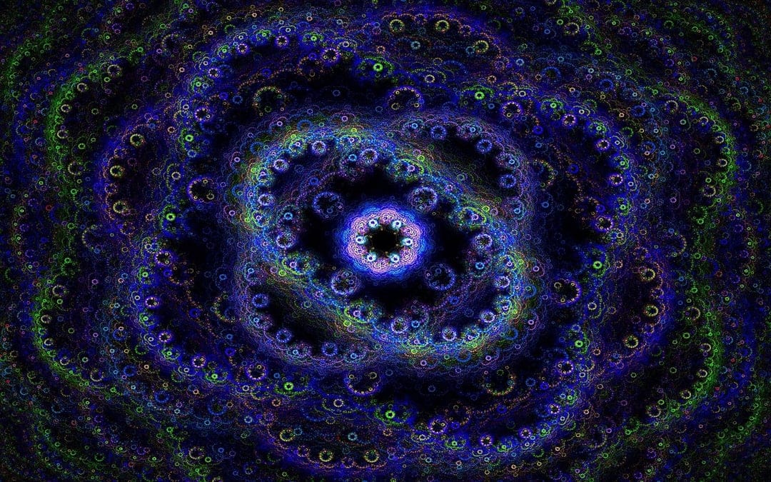 Teal and sapphire fractal spirals forming a luminous flower-like structure on a dark backdrop.