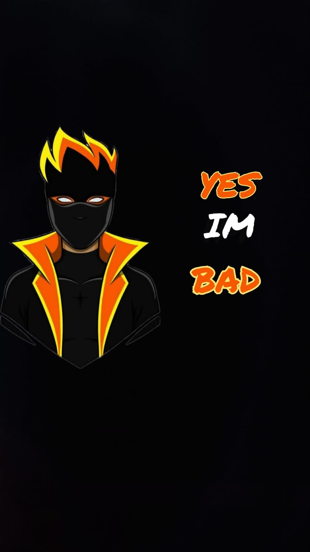 Masked ninja with orange fire hair beside stylized Yes I'm Bad text on a black vertical mobile background.