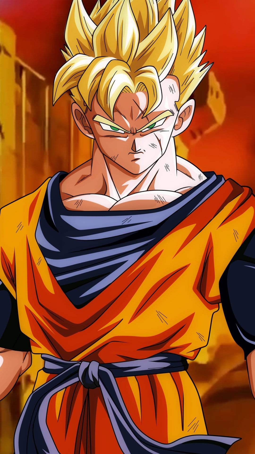 Future Gohan with golden hair and facial scars stands in a battle pose against a burning urban city background.