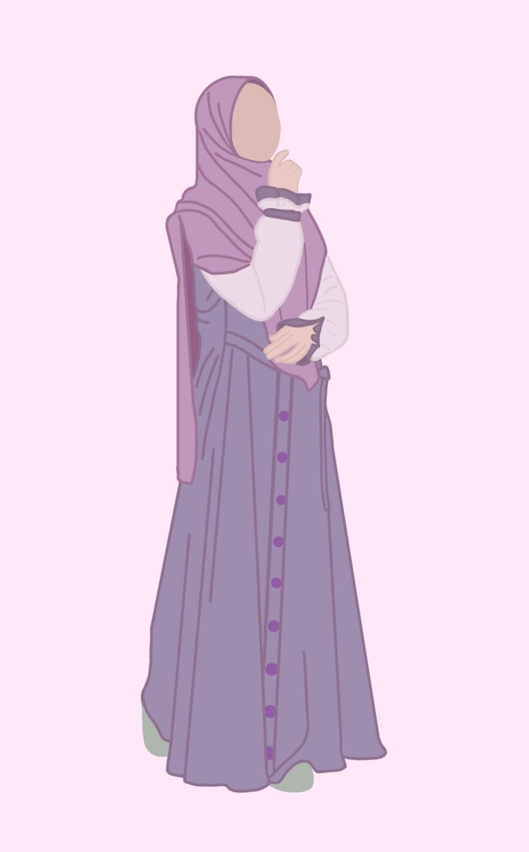 Faceless woman wearing a lavender hijab and buttoned purple dress standing against a solid pastel pink background
