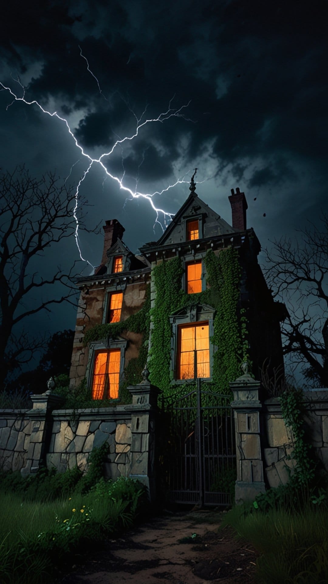 Ivy-covered gothic mansion illuminated by a blue lightning bolt during a dark storm with glowing yellow windows.