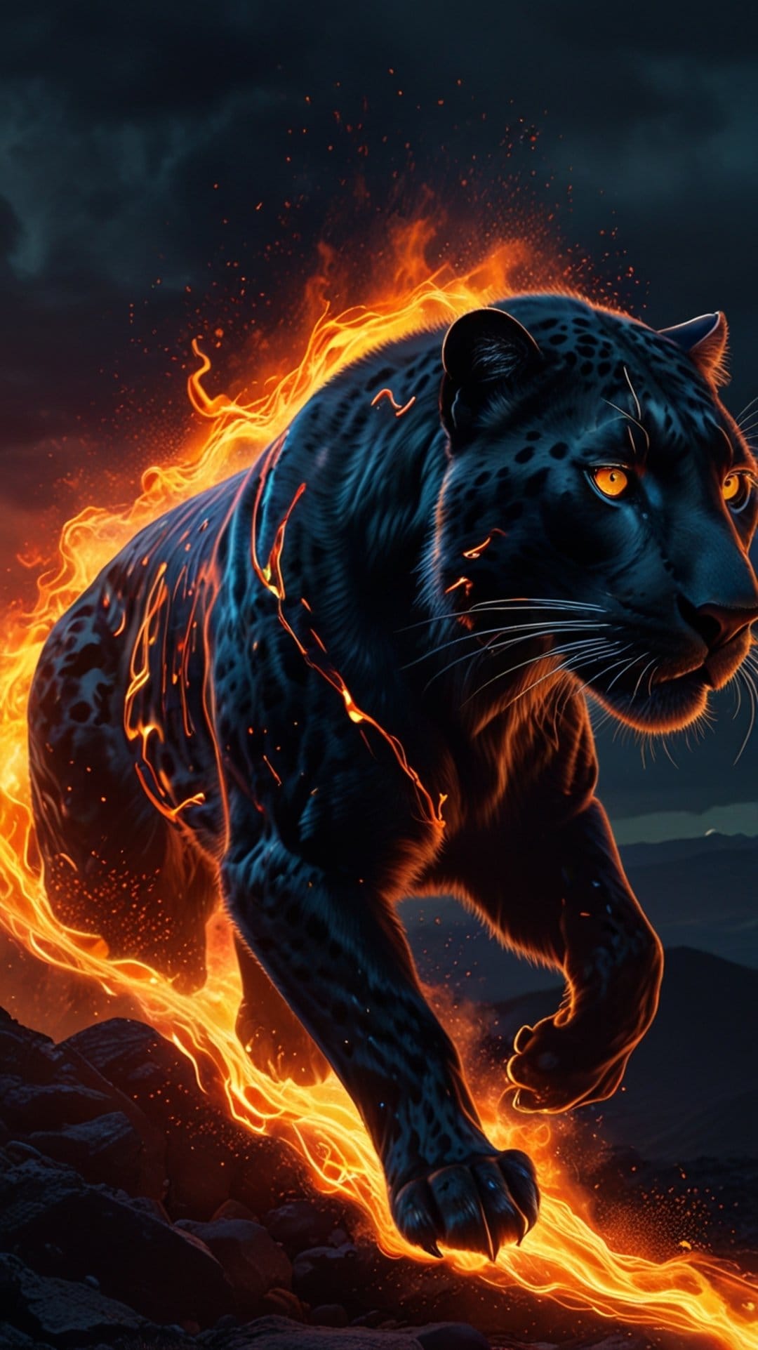 Black panther roars amidst bright orange fire and glowing sparks under a dark sky on a jagged rocky landscape.