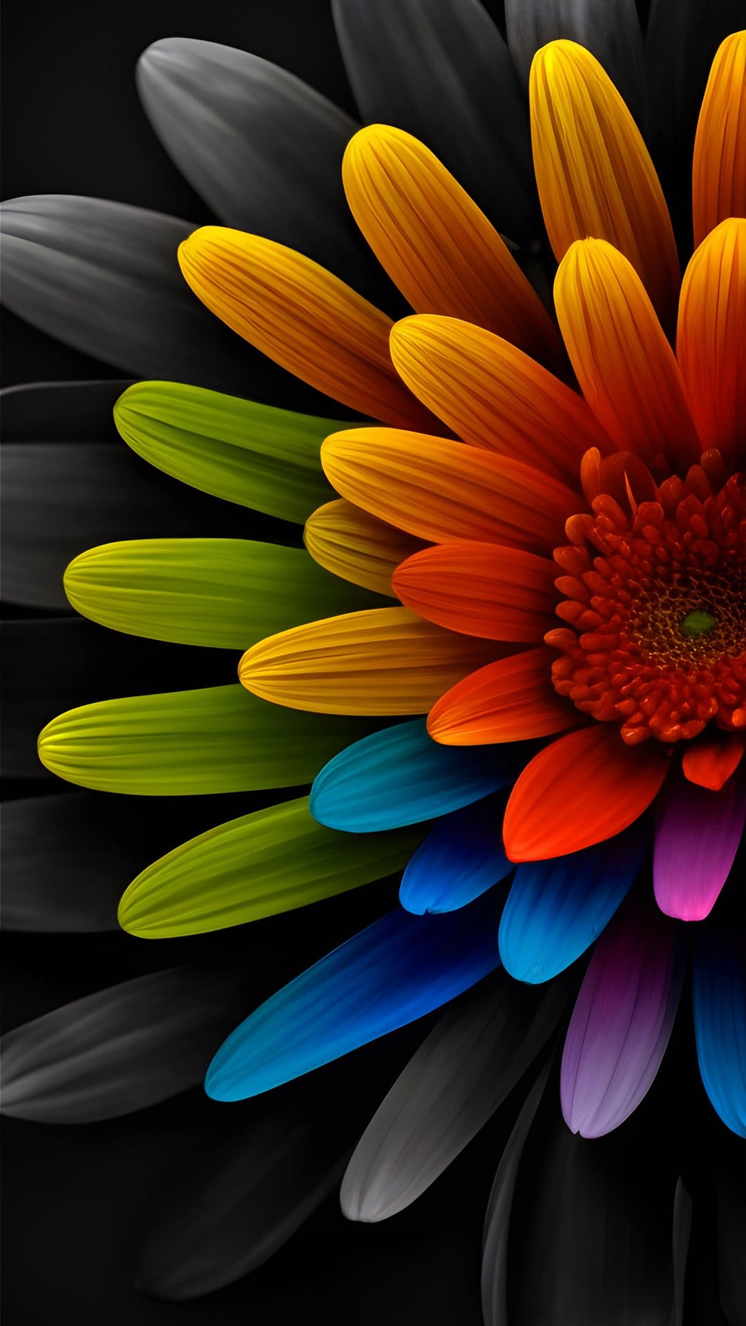 Multicolored flower petals in a circular pattern glow against a solid black background with sharp macro details.