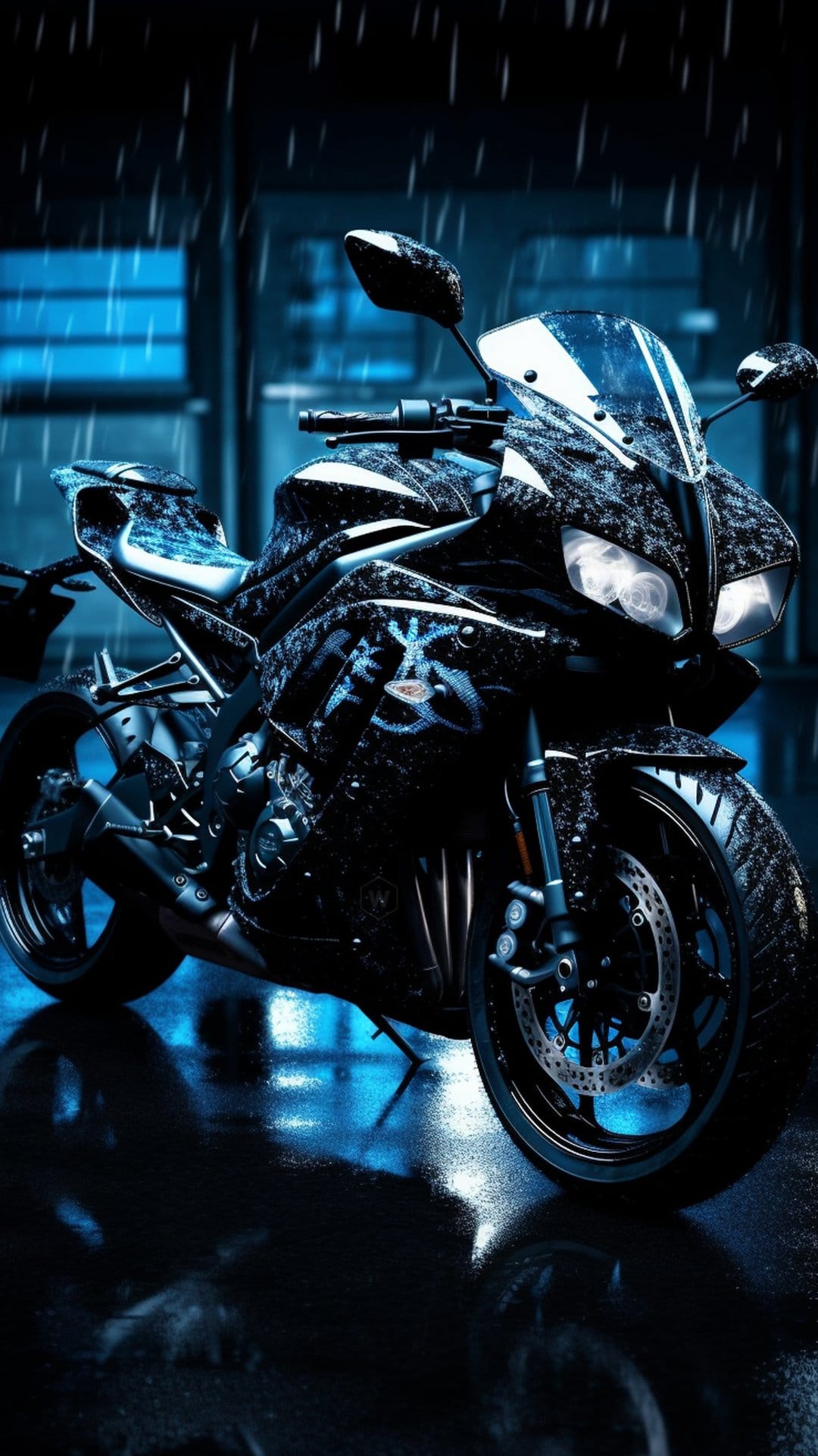 Black motorcycle parked on a wet street at night with blue neon reflections and falling raindrops in the air.