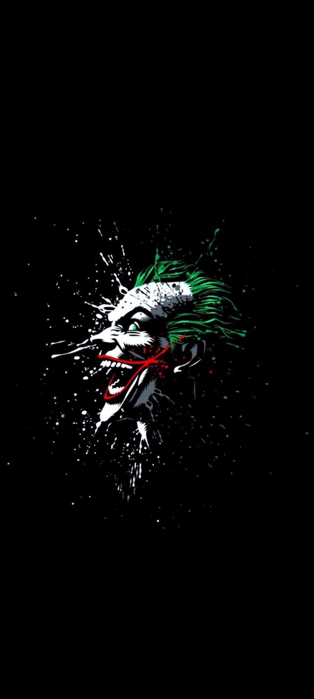 Joker face with a wide red grin and green hair featuring white paint splatters over a solid black background.