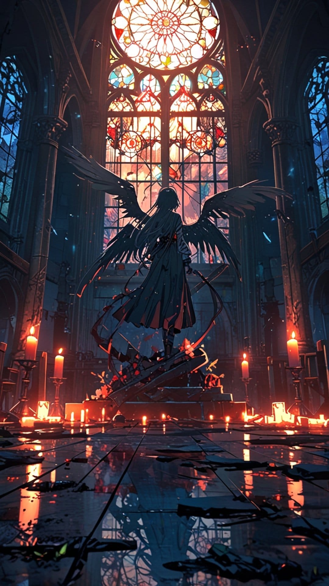 Black-winged angel stands in a dark stone cathedral illuminated by stained glass and flickering candles.