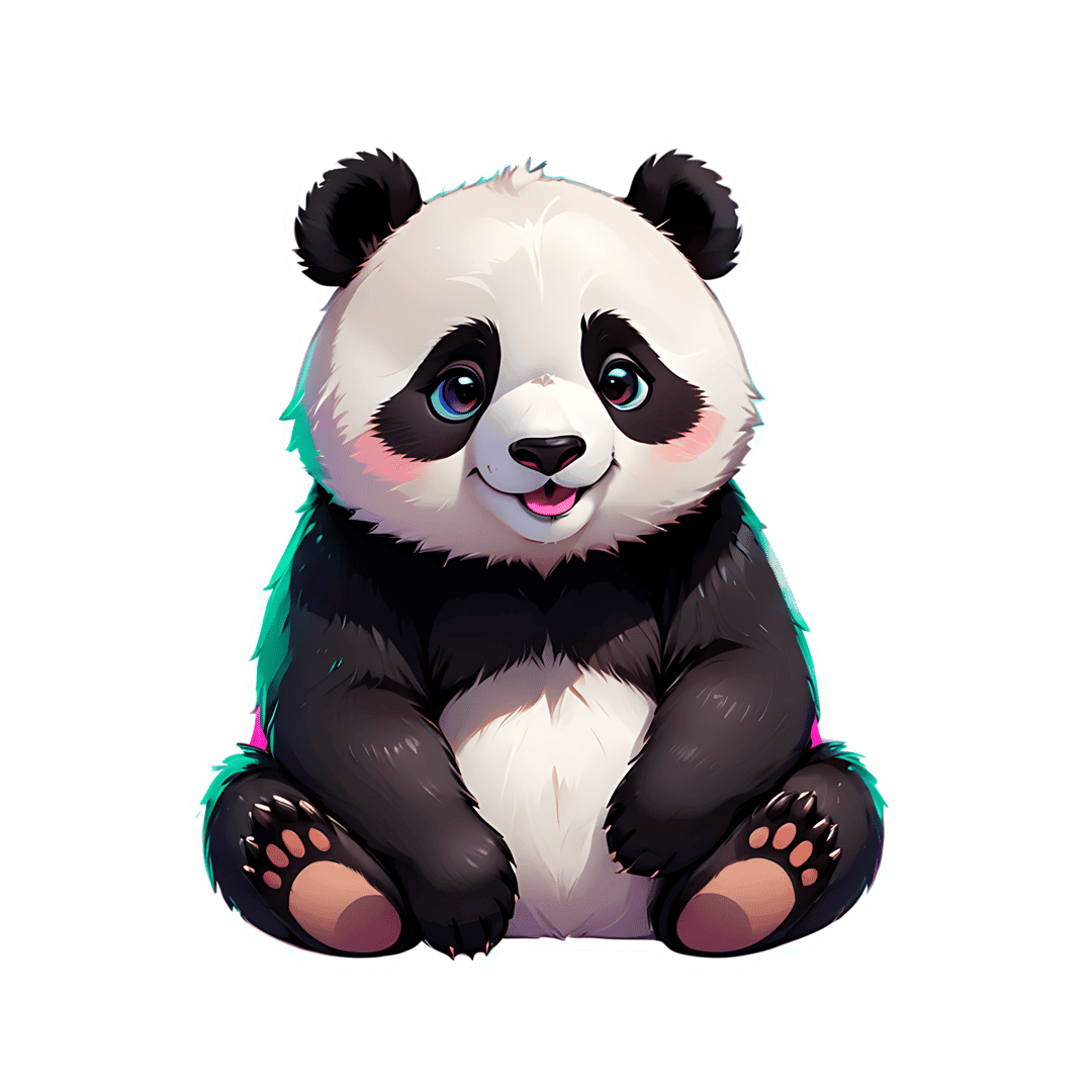 Panda bear sticker featuring neon magenta outlines, blue gradient eyes, and fluffy black white fur textures.