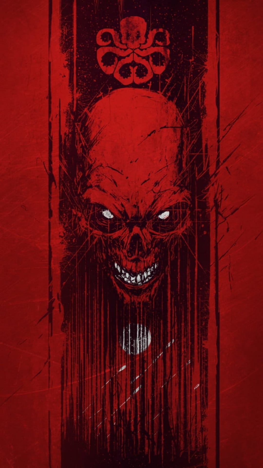 Red Skull symbol and Hydra emblem over a gritty, dripping crimson background with dark shadows and textures.