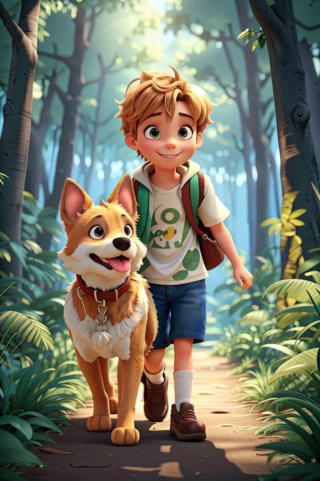 Blond boy with a backpack walks with a dog on a sunlit forest trail through lush green trees and foliage.