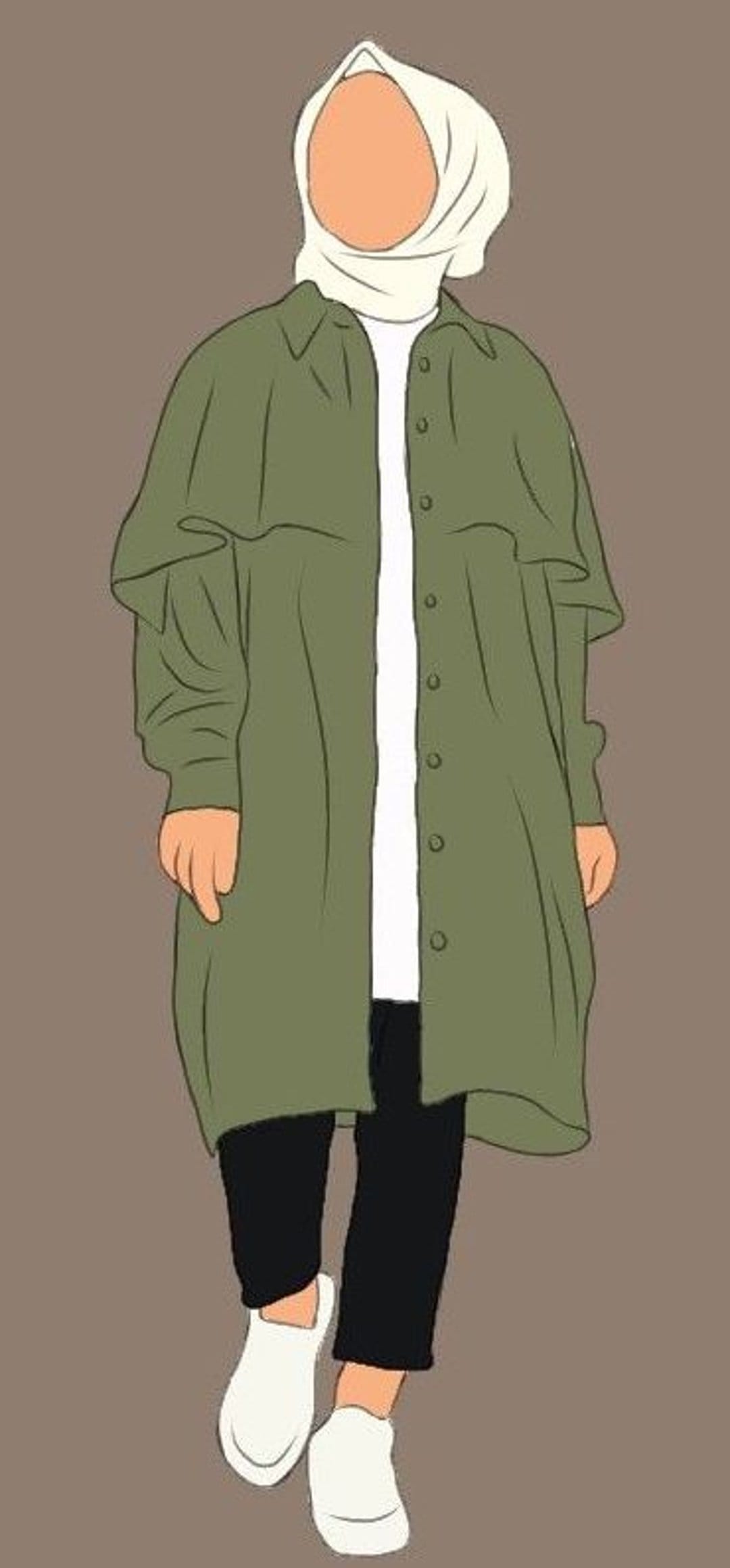 Woman wearing a white hijab and olive green collared shirt dress with black pants and white sneakers standing.