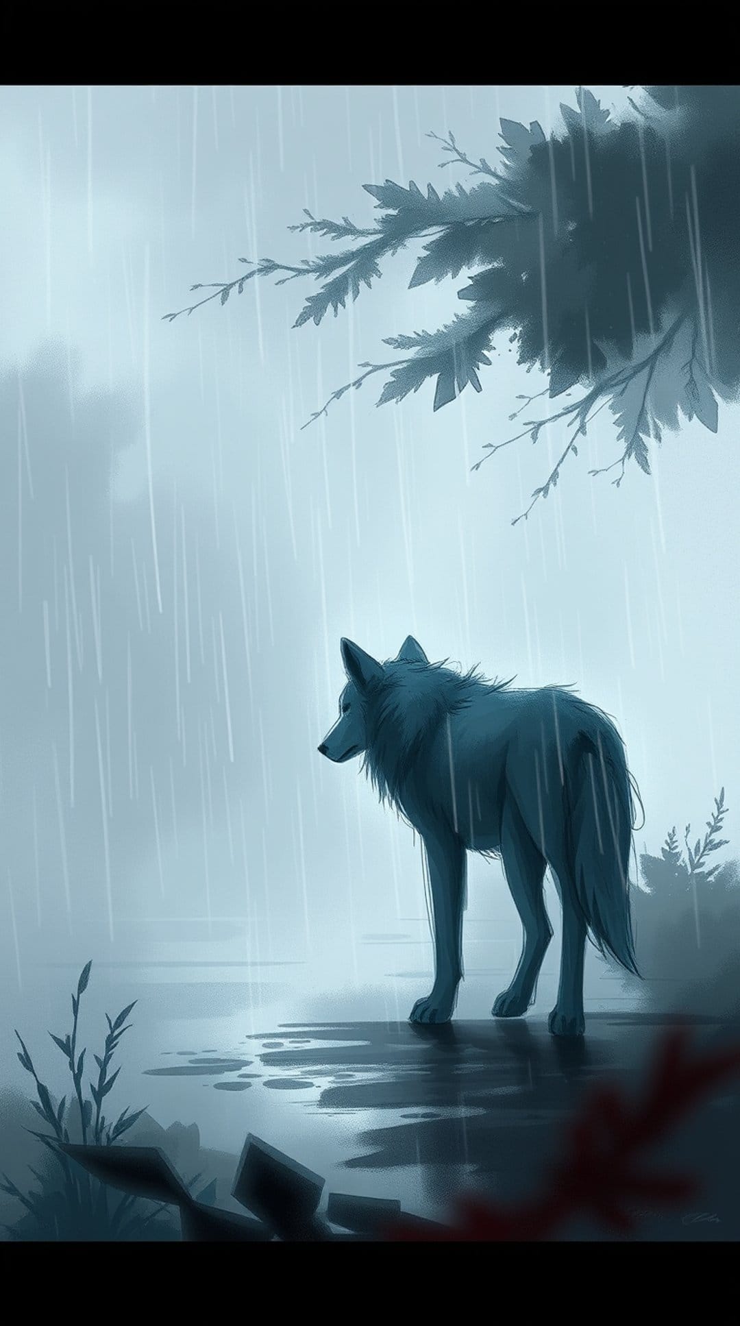 A lone wolf stands beneath a tree in heavy rain with blue-toned reflections on the wet ground and falling water.