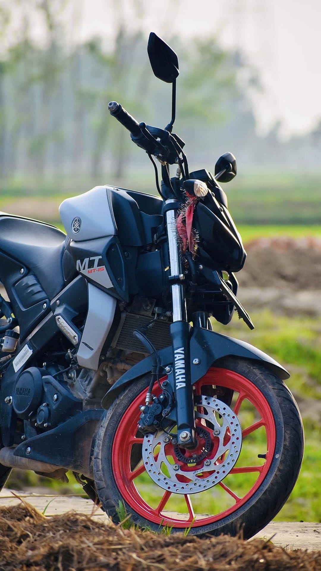 Yamaha MT-15 motorcycle with red alloy wheels parked on a dirt trail against a blurred green field background.