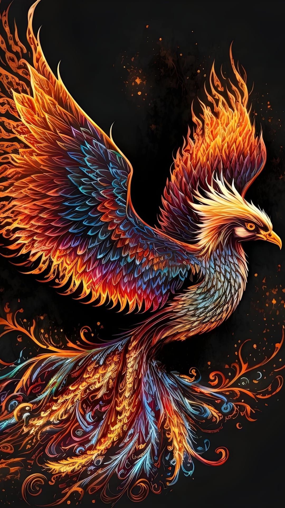 Phoenix bird with fiery orange and blue plumage spreading its wings amidst glowing embers on a dark background.
