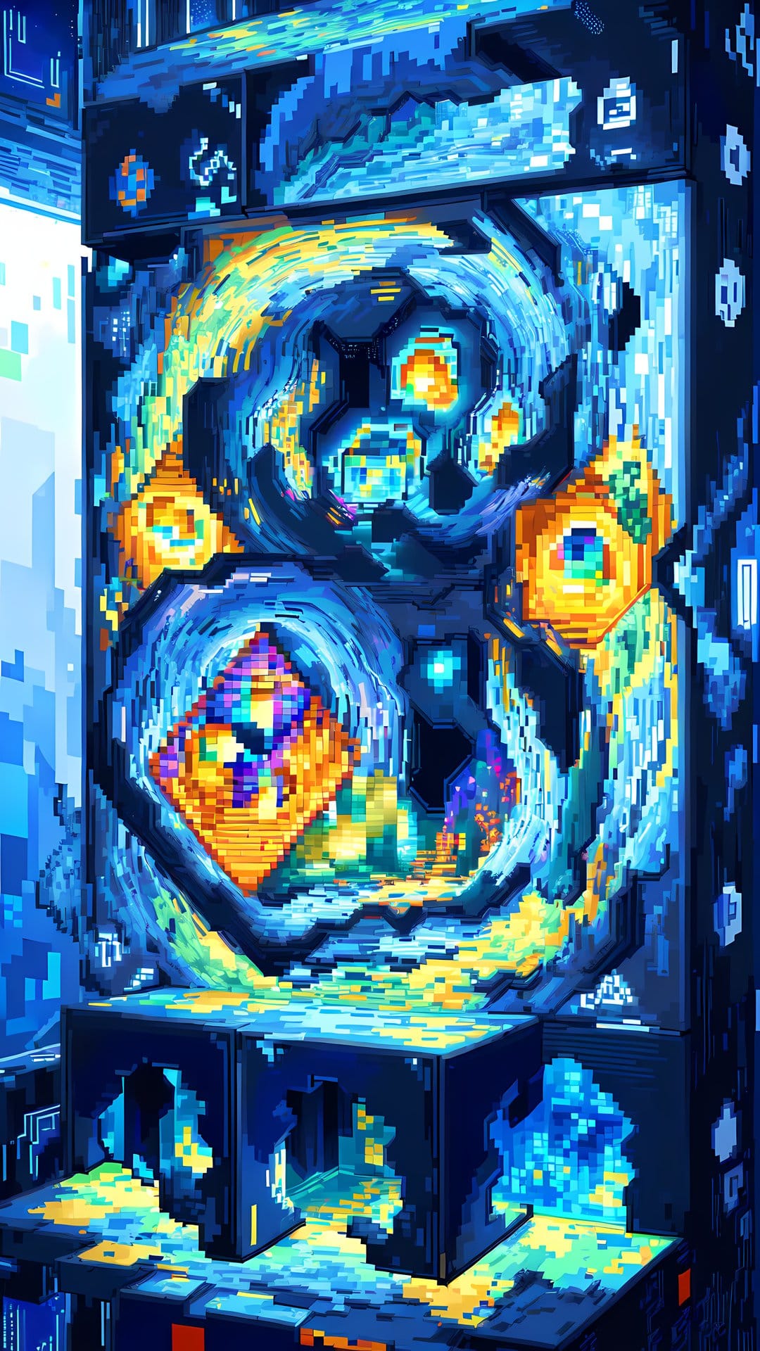Pixelated futuristic machine with glowing orange spheres and blue light orbs set against dark geometric cubes.