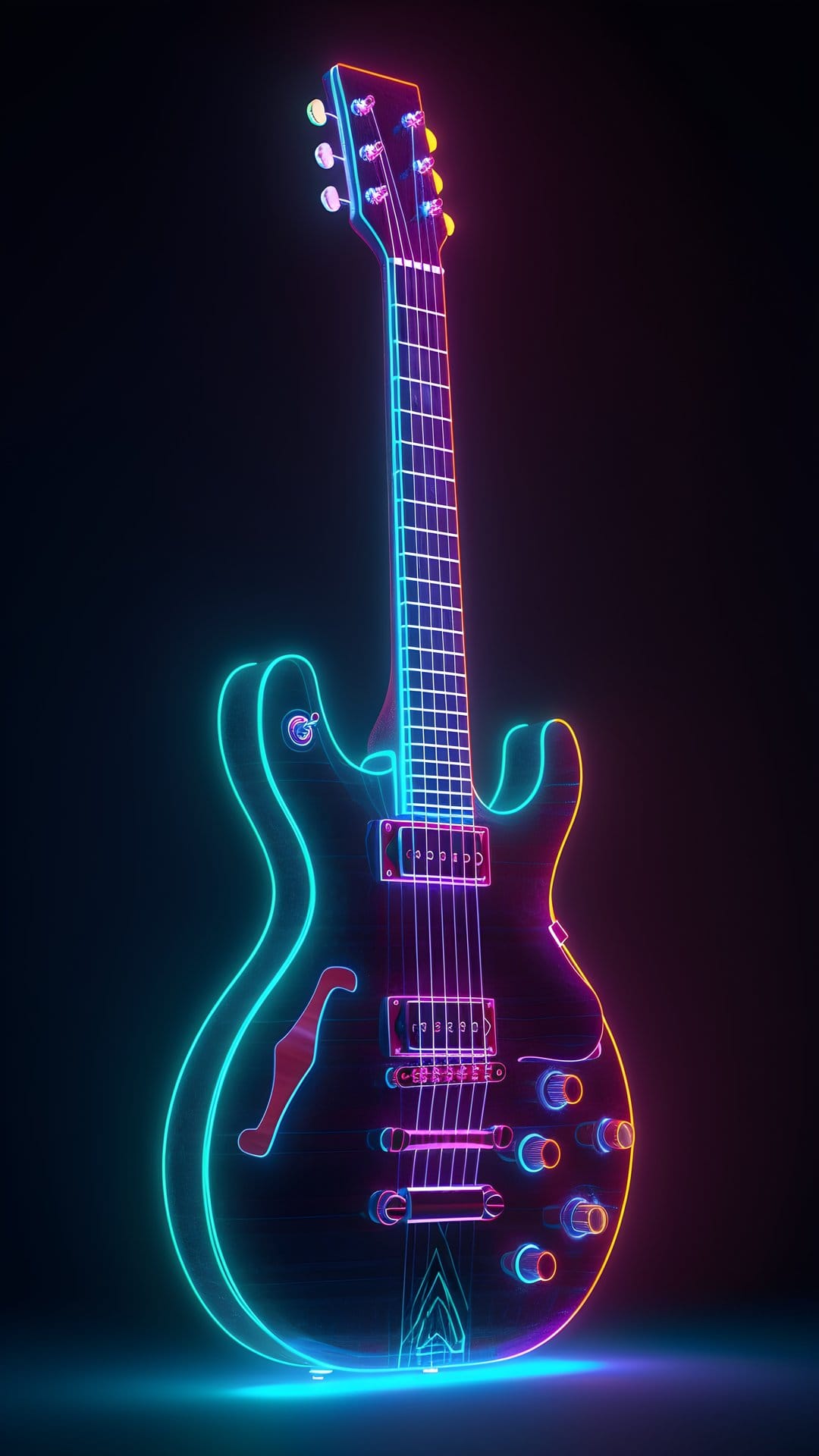 Electric guitar silhouette glowing with vibrant blue and purple neon light strips on a dark minimalist background.
