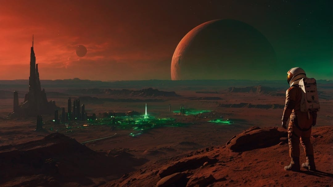 Astronaut in a white suit looks at a glowing green alien city beneath a giant ringed planet in a red sky.