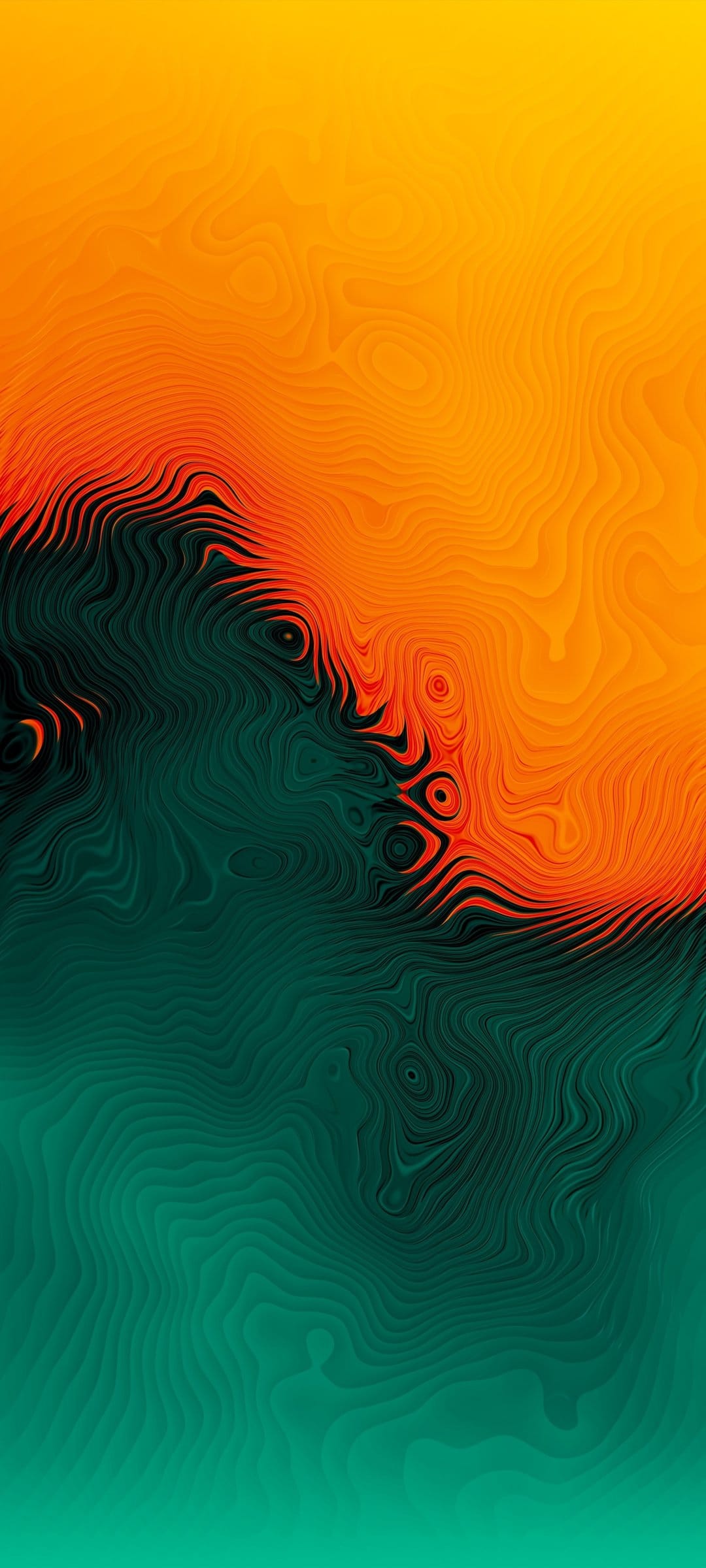 Orange and teal topographic lines create a layered contour map effect with a smooth color gradient.