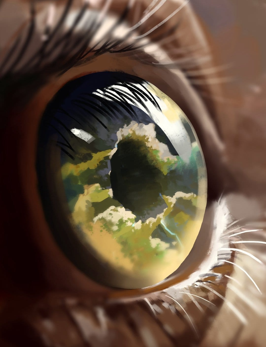 Human eye iris reflecting the planet Earth with green continents and white clouds in a macro perspective.