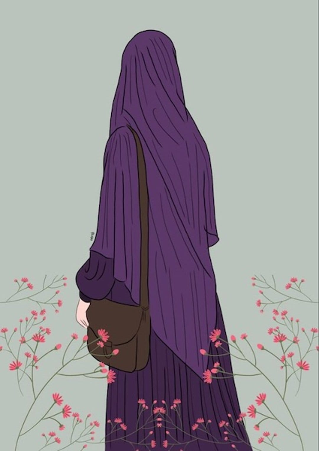 Woman wearing a purple hijab and brown bag stands facing away among delicate pink flowers on a grey background.