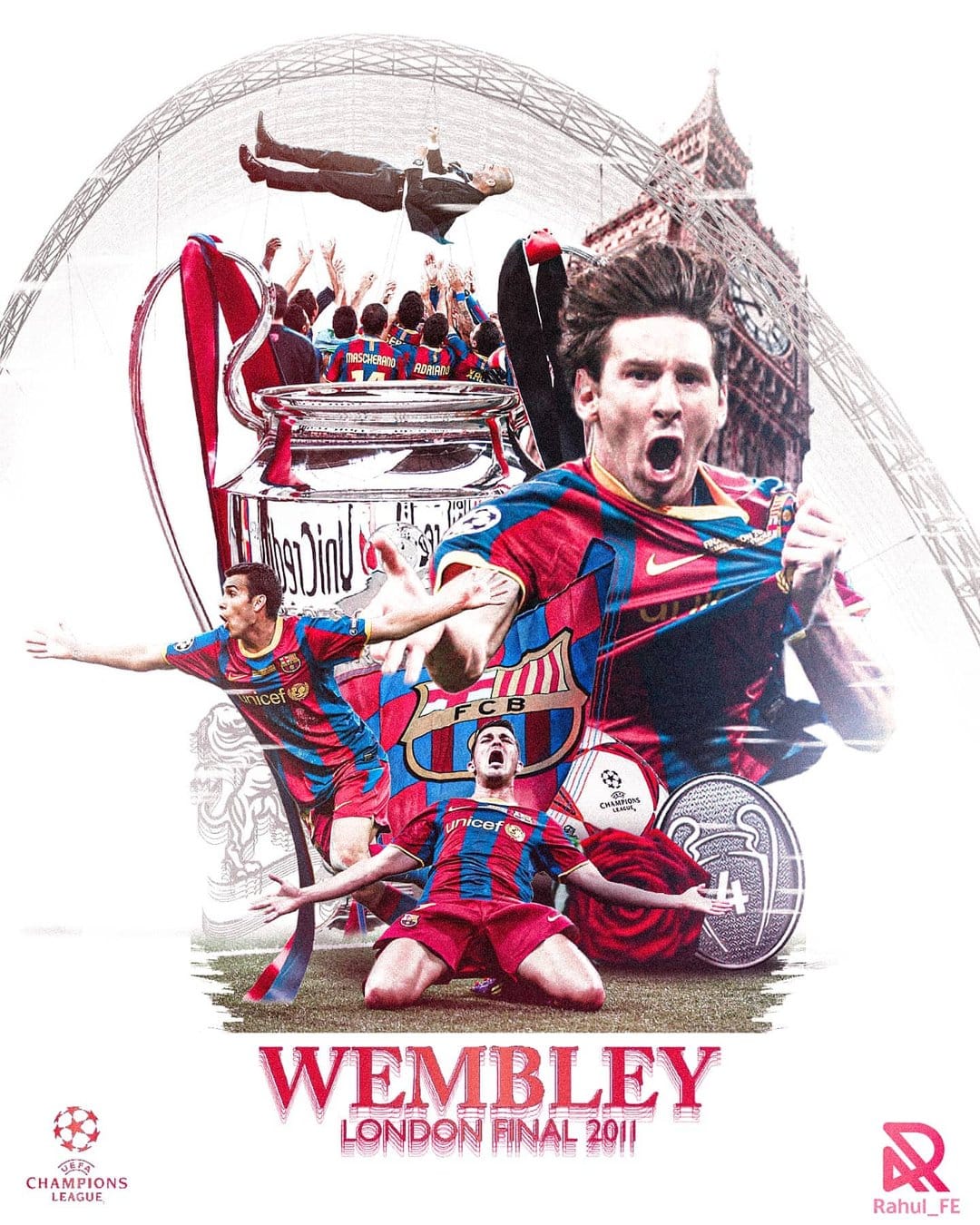 Lionel Messi holds the silver Champions League trophy at Wembley Stadium with London landmarks in the background.