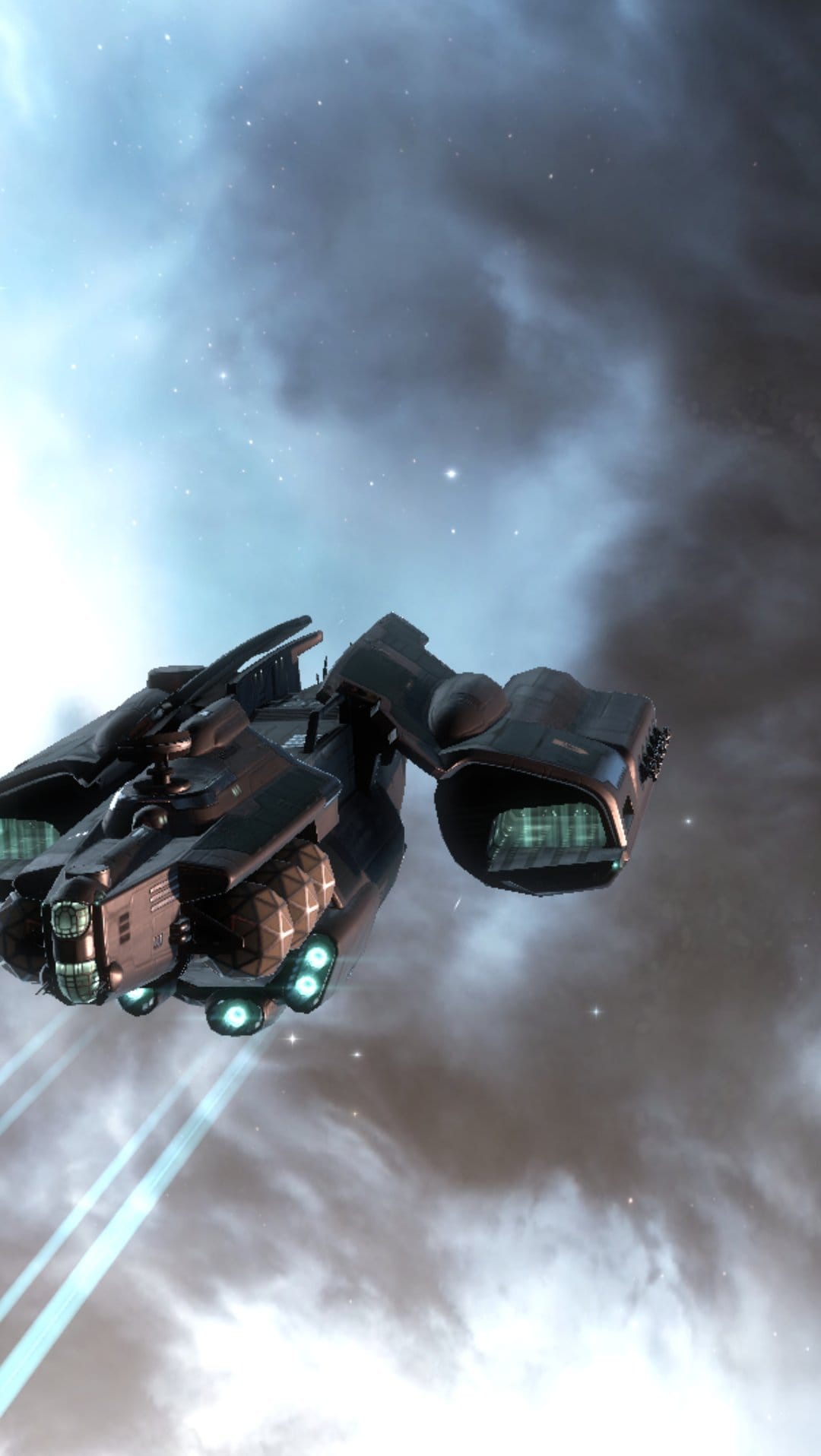 Dark sci-fi spaceship with glowing turquoise engines flying through a blue and white cosmic nebula in space.