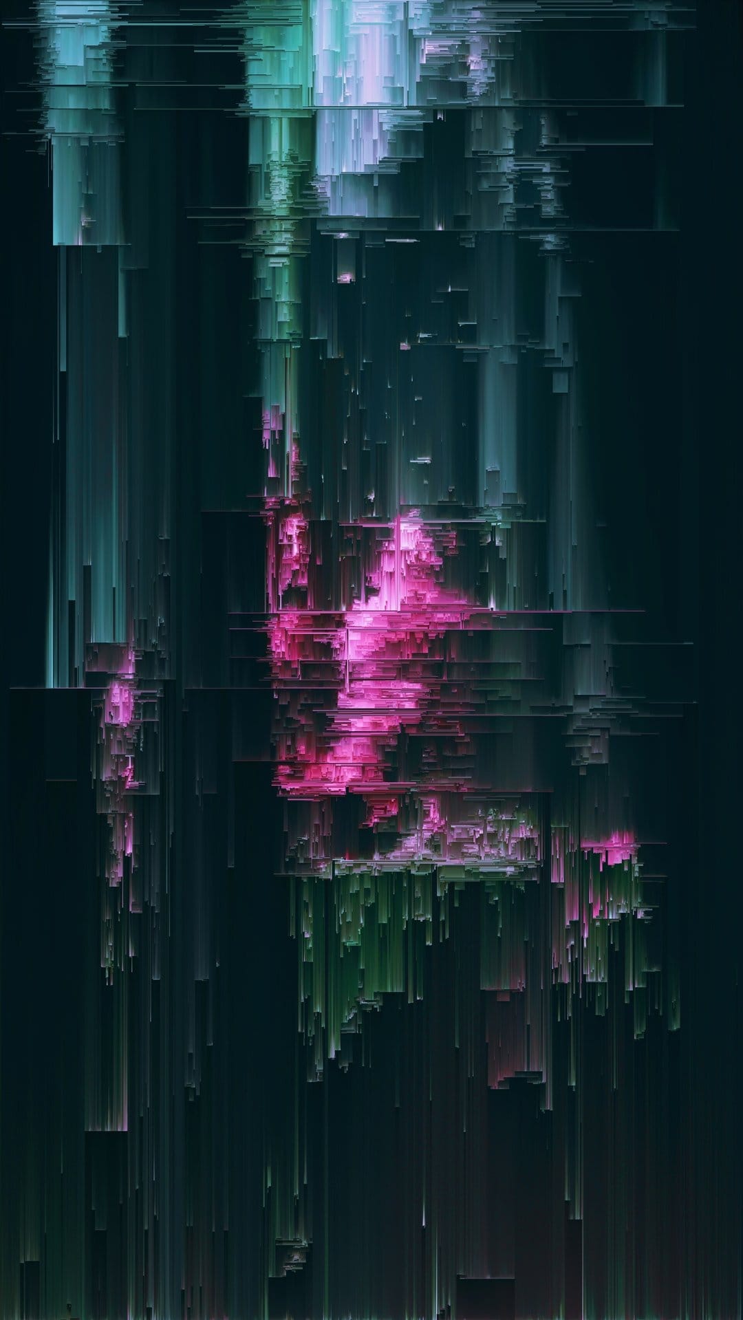 Pink and teal pixelated vertical lines cascade against a dark background in a geometric data corruption pattern.