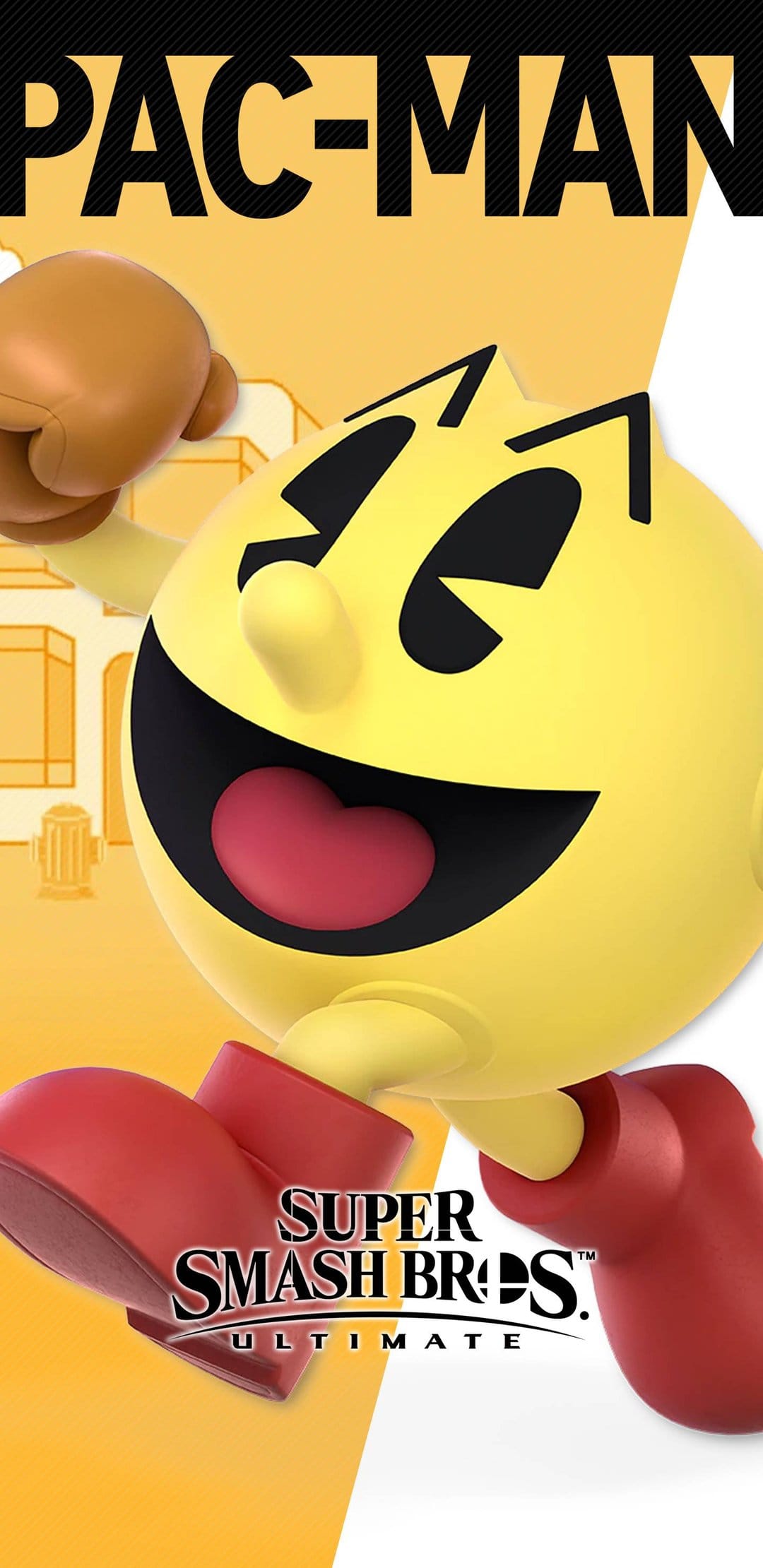 Pac-Man jumps with a determined expression in his Smash Ultimate design against a colorful game world backdrop.