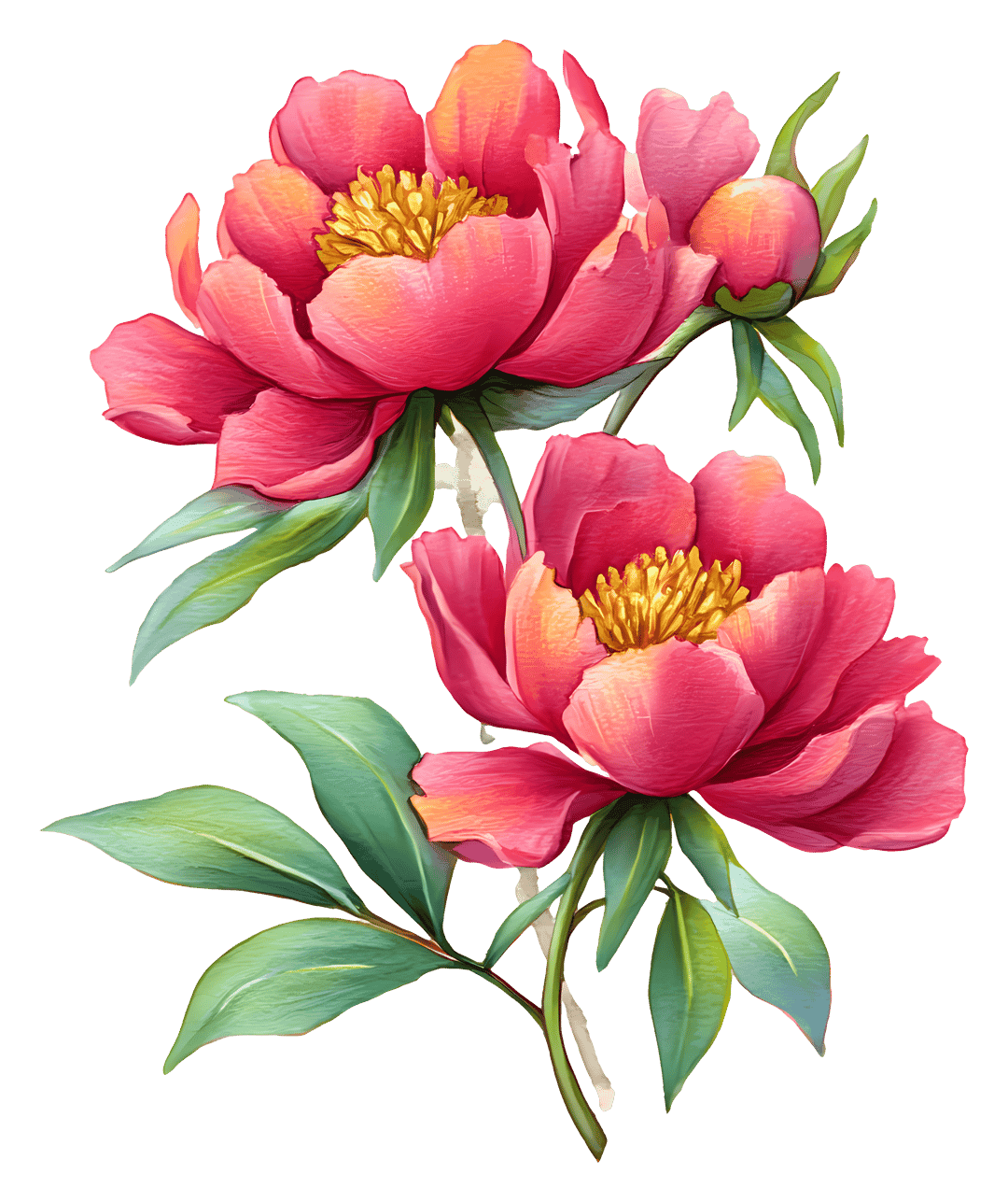 Peony watercolor flower with soft pink petals and green leaves sits on a transparent background for easy editing.