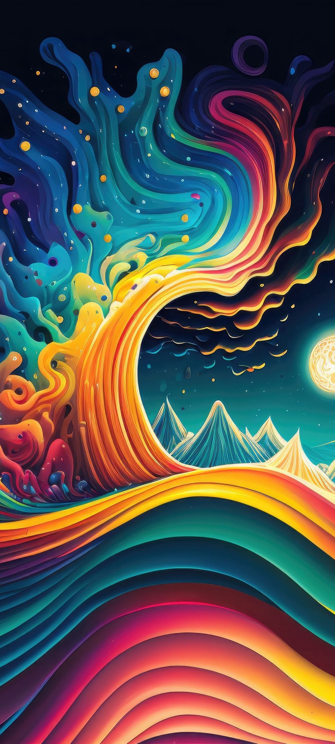 A glowing white moon hangs above jagged mountain peaks surrounded by swirling neon blue and pink cosmic clouds.