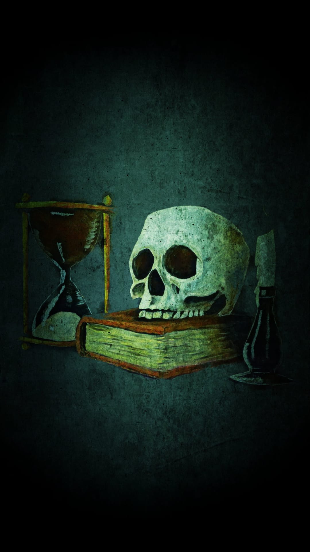 Human skull resting on an open antique book next to a wooden hourglass and a lit candle in a dark room.