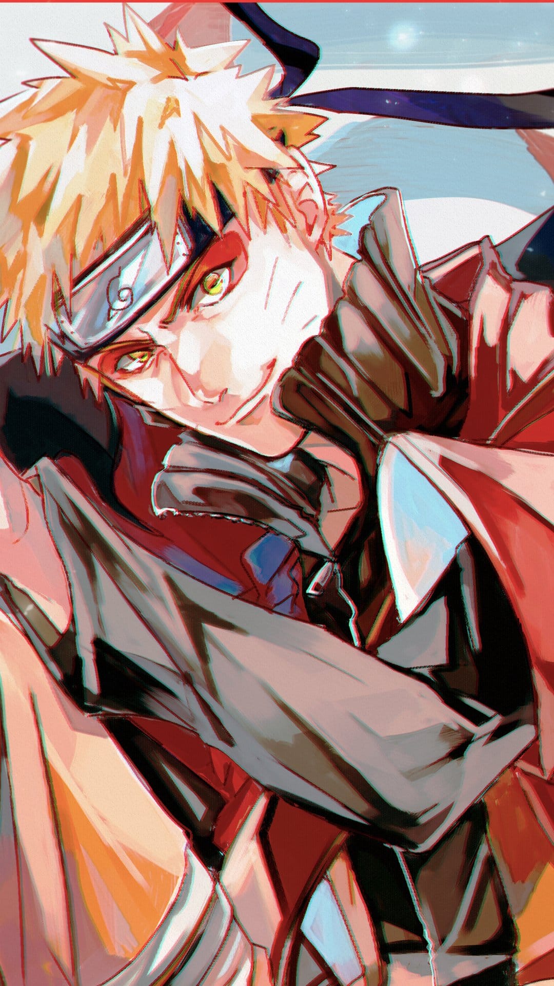 Naruto Uzumaki with spiky yellow hair and focused blue eyes wears an orange ninja jacket in a close-up portrait.