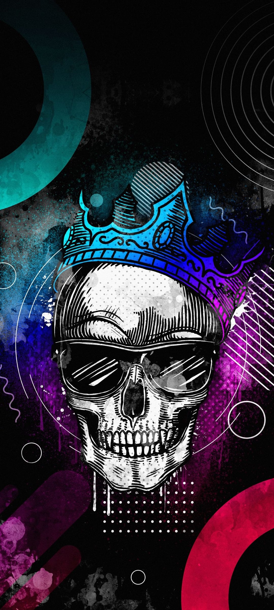 Human skull wearing a royal crown and dark sunglasses surrounded by neon paint splatters and geometric shapes.
