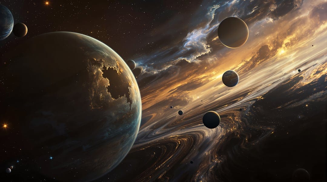 Large textured planet in the foreground against a swirling golden nebula and multiple distant moons in deep space.