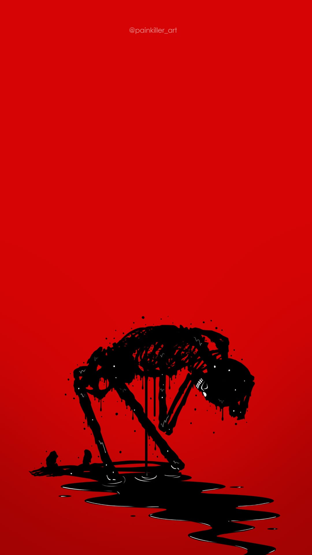 Skeletal black silhouette hunched and melting into liquid drips against a solid vibrant red background.