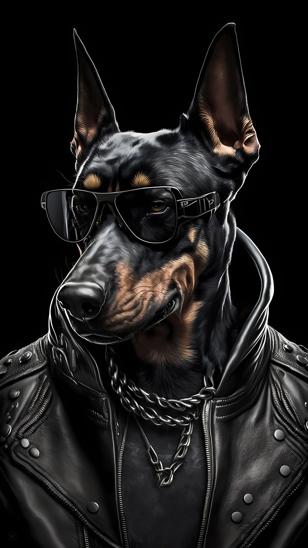 Doberman dog in a black leather jacket and aviator sunglasses stares forward against a dark backdrop.