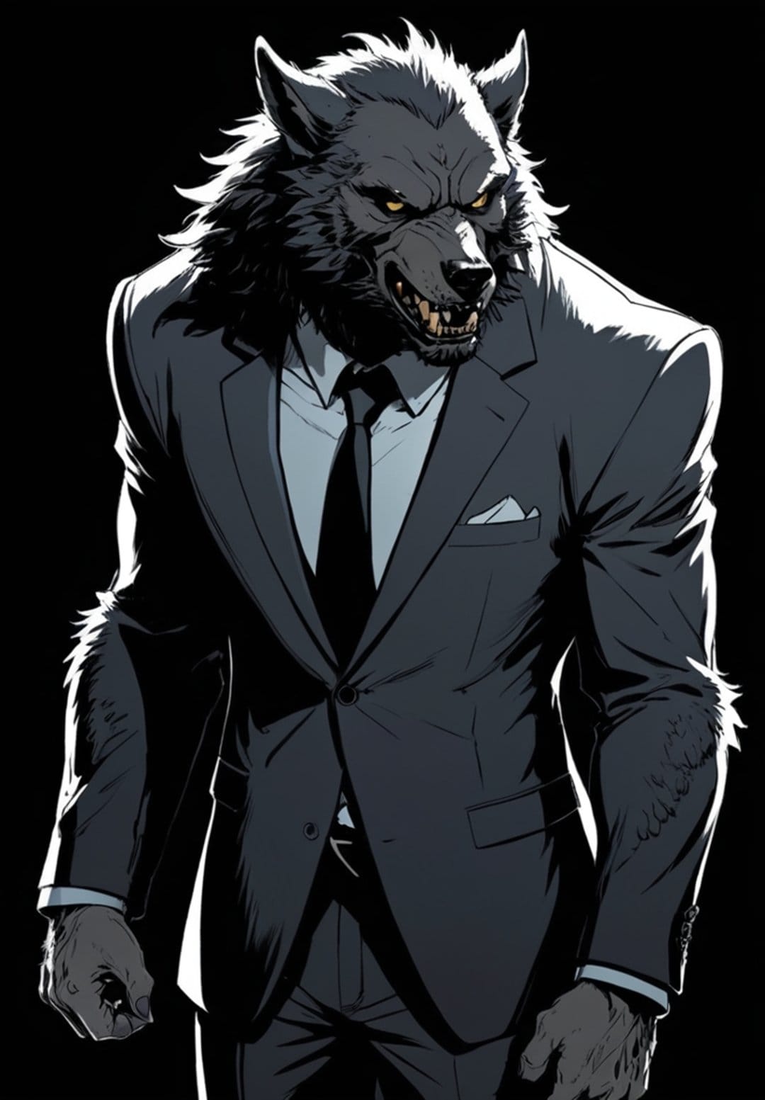 Werewolf with glowing yellow eyes and bared fangs wearing a black suit jacket against a dark background.