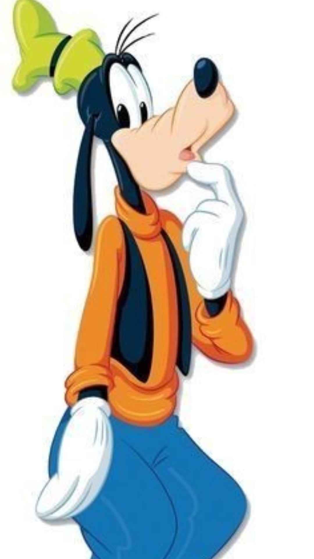 Goofy rests a finger on his chin with a puzzled expression while wearing his green hat and orange sweater.