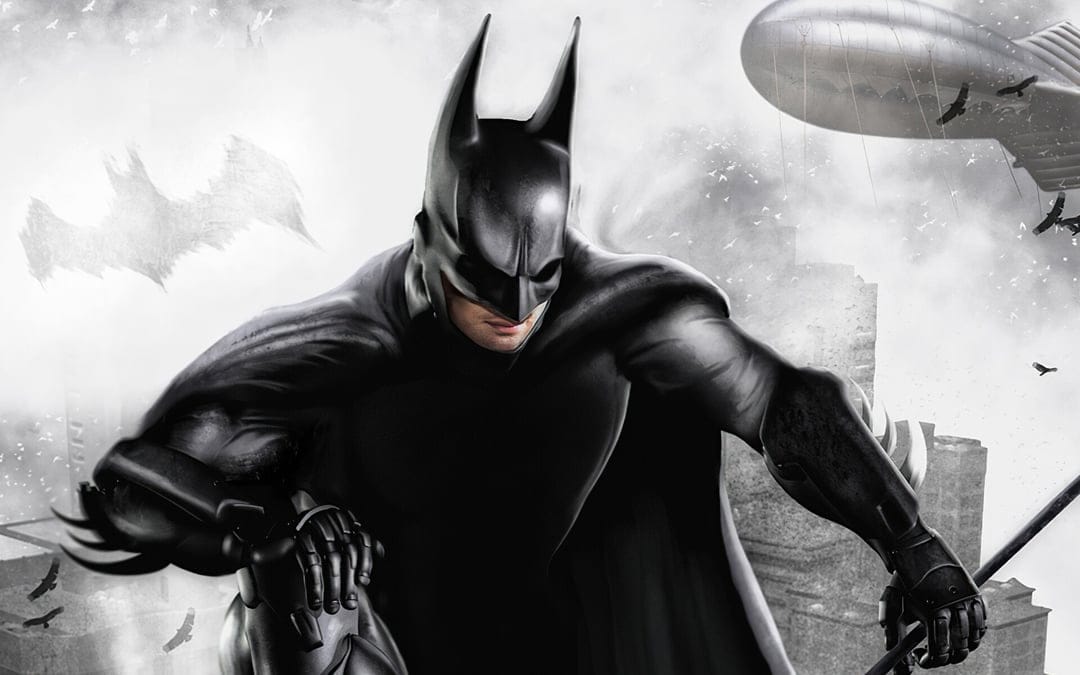 Batman in tactical suit crouched in a misty Gotham City with a blimp and flying birds in the background.