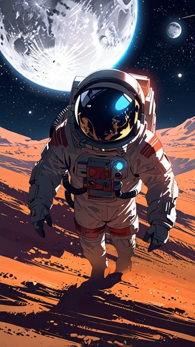 Astronaut in a white suit treks across red sand toward a huge moon hanging in a starry and dark celestial sky.