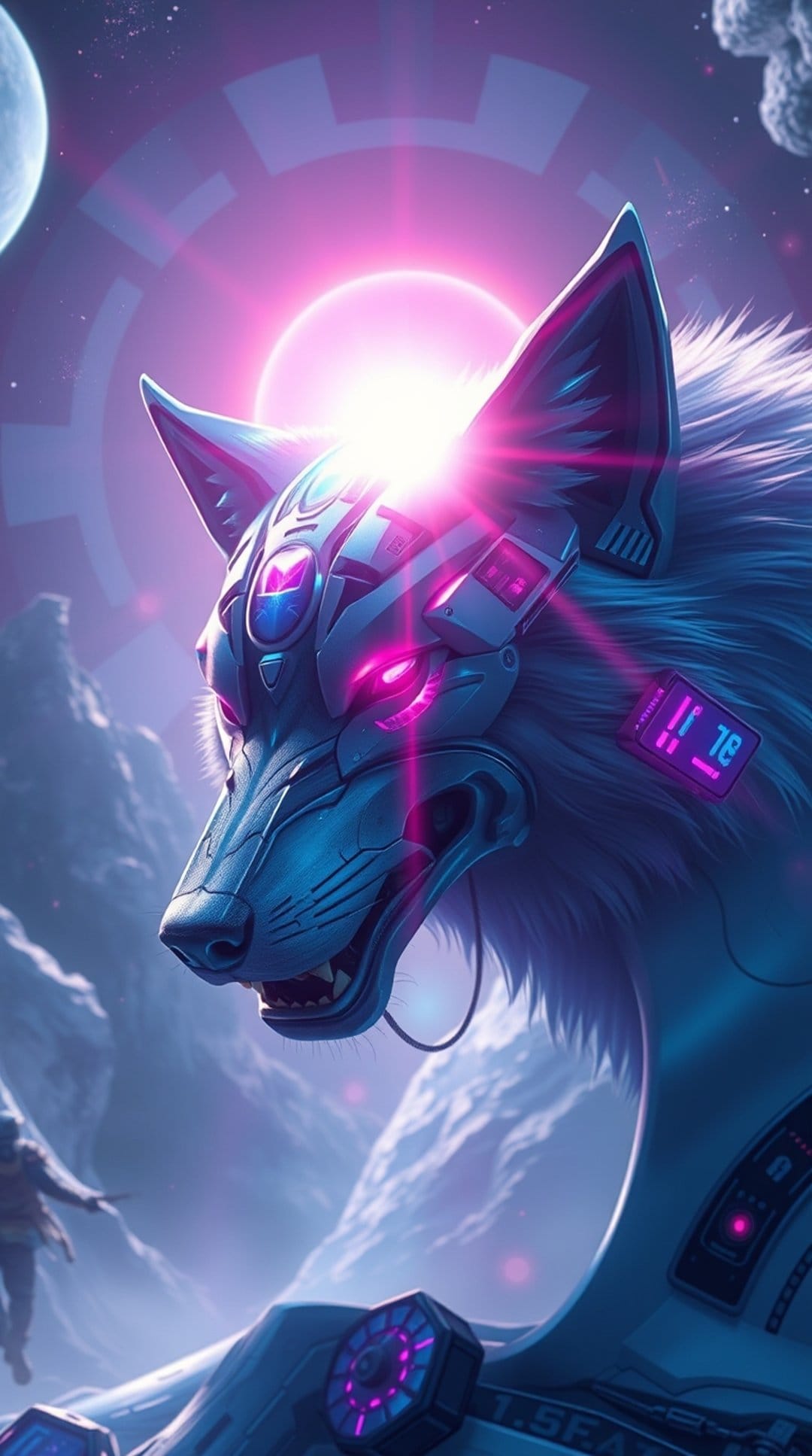 Cybernetic wolf with glowing blue eyes stands before a massive moon in a dark, neon-lit futuristic landscape.