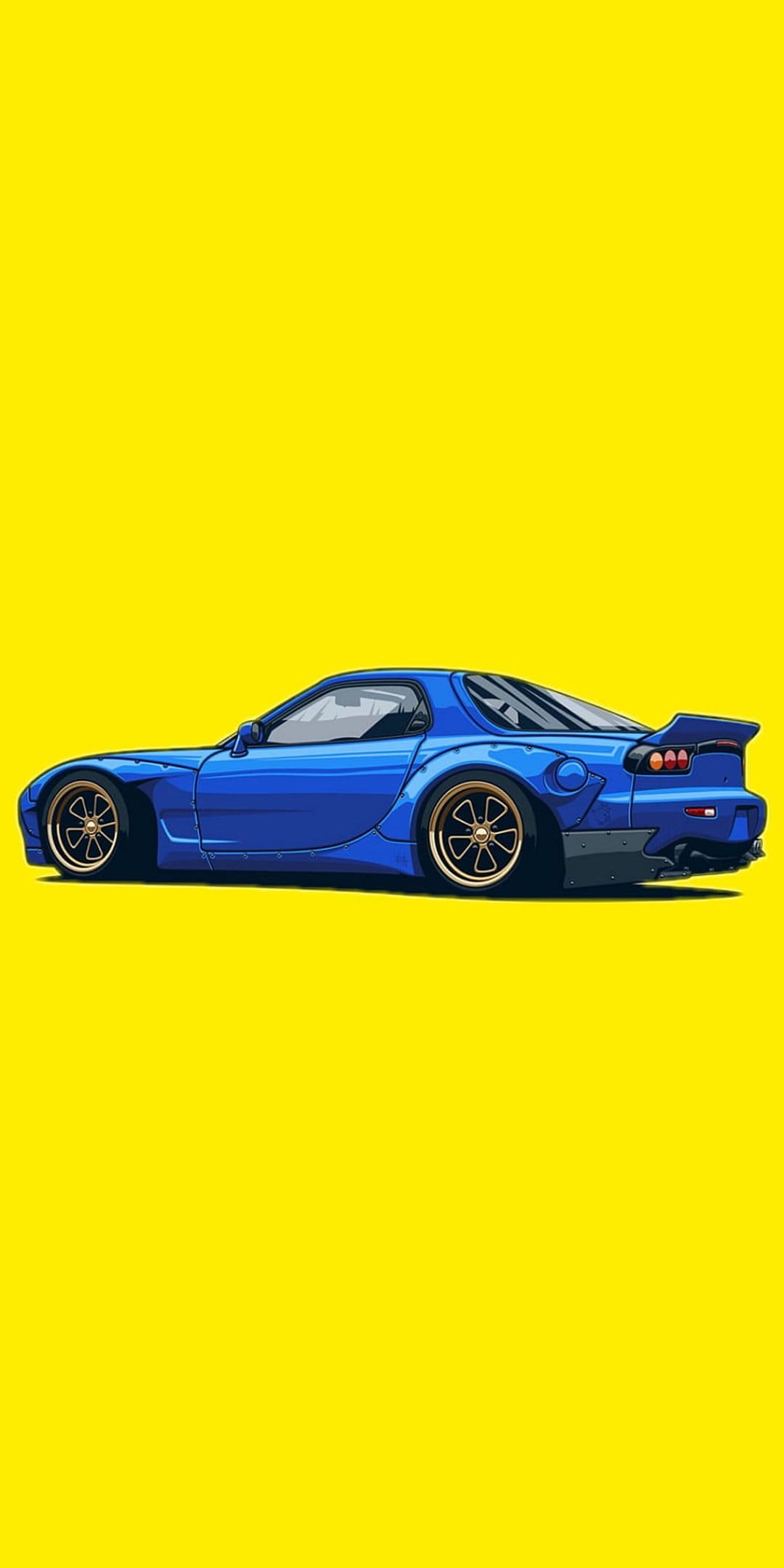 Blue RX7 sports car with a large rear wing and gold wheels set against a solid bright yellow backdrop.