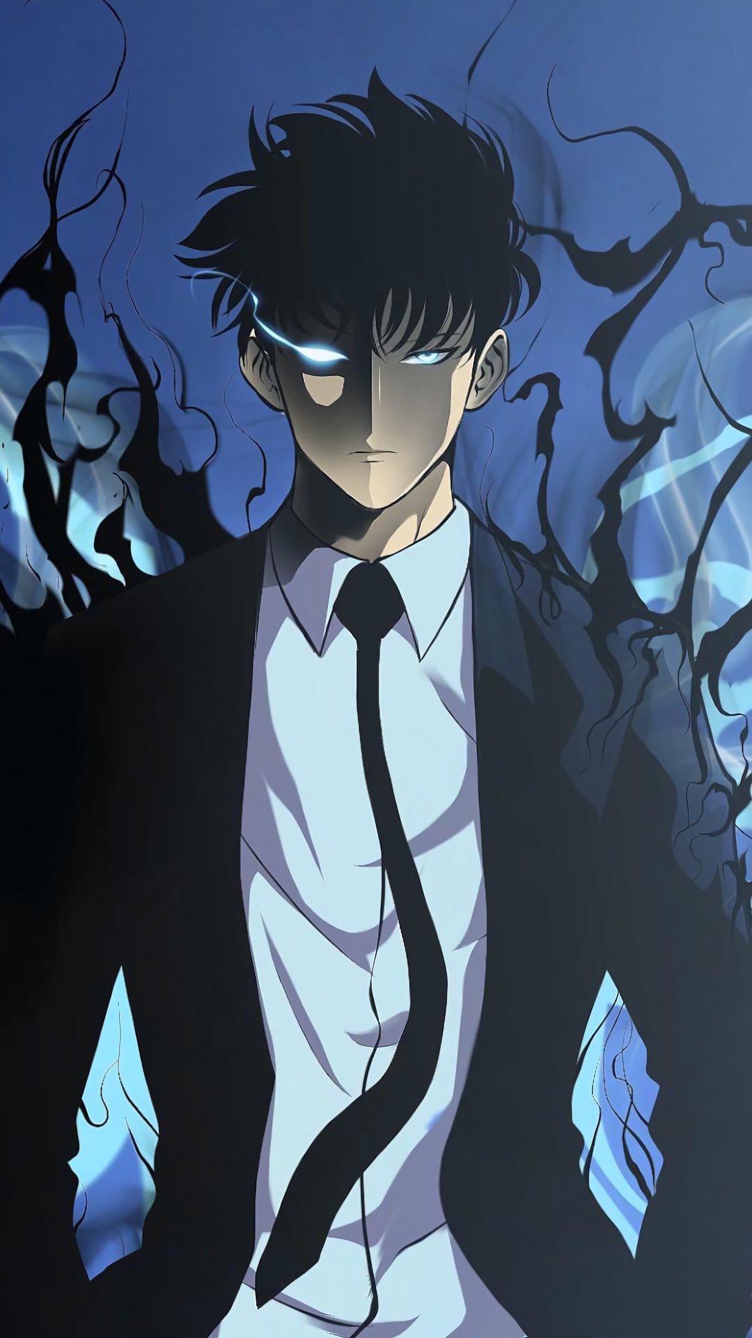 Sung Jinwoo wearing a suit with a glowing blue eye and dark energy tendrils against a deep blue background.